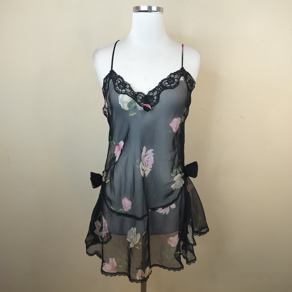 Cacique Sheer Floral Chemise Slip Medium Lace Trim Black Florets